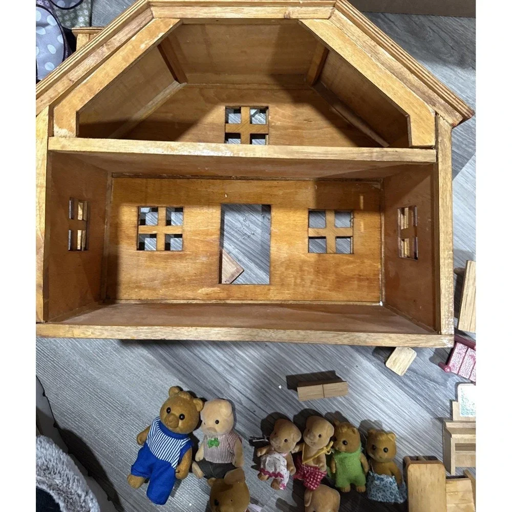 Vintage Wooden Dollhouse Lot with Flocked Bear Pig Figures Furniture Tea Set